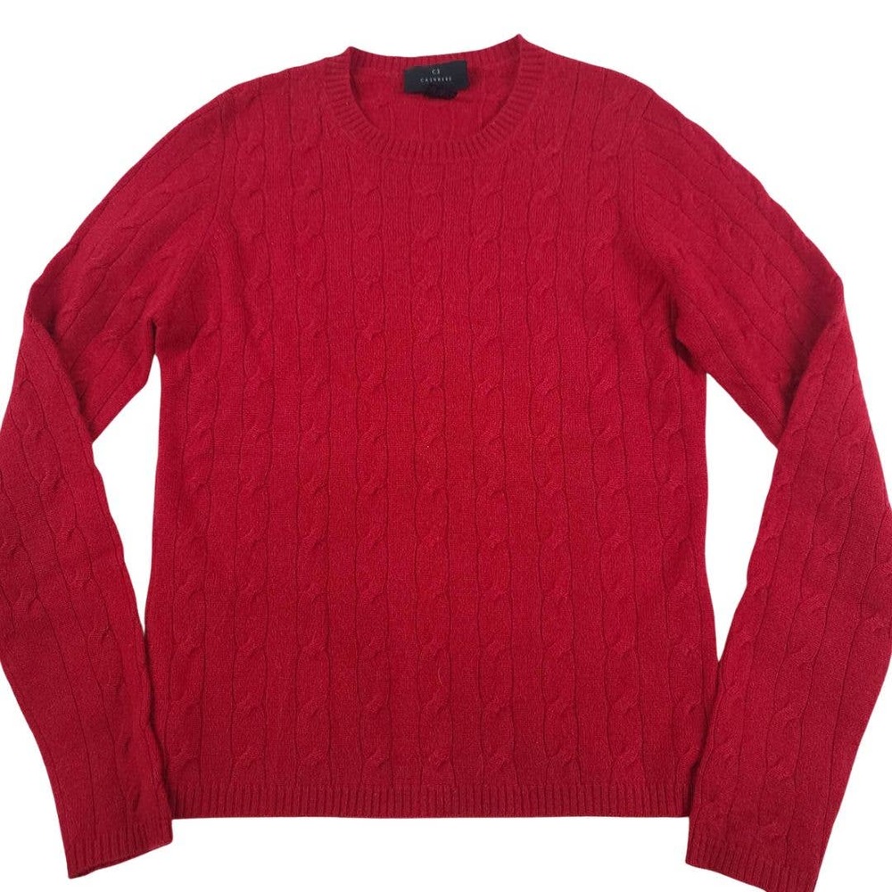 C3 Cashmere Sweater Red Cable Knit Womens Small Crew Neck Long Sleeve